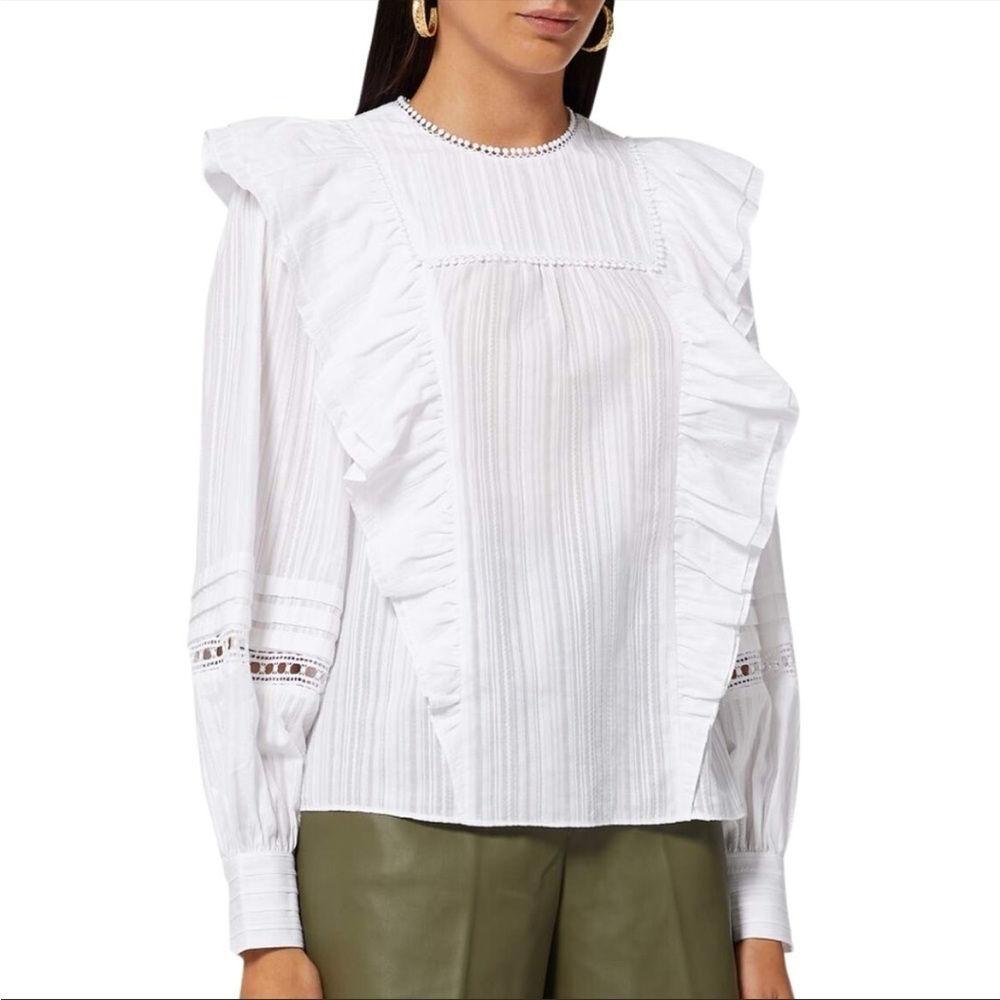 Ted Baker Womens Ruffle Blouse Medium White Eyelet Pintuck Striped Silais NEW